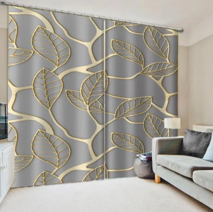 カーテンドレープカスタムブラックアウト3Dゴールドリーフカーテン居間の寝室の家の装飾現代のファッション
