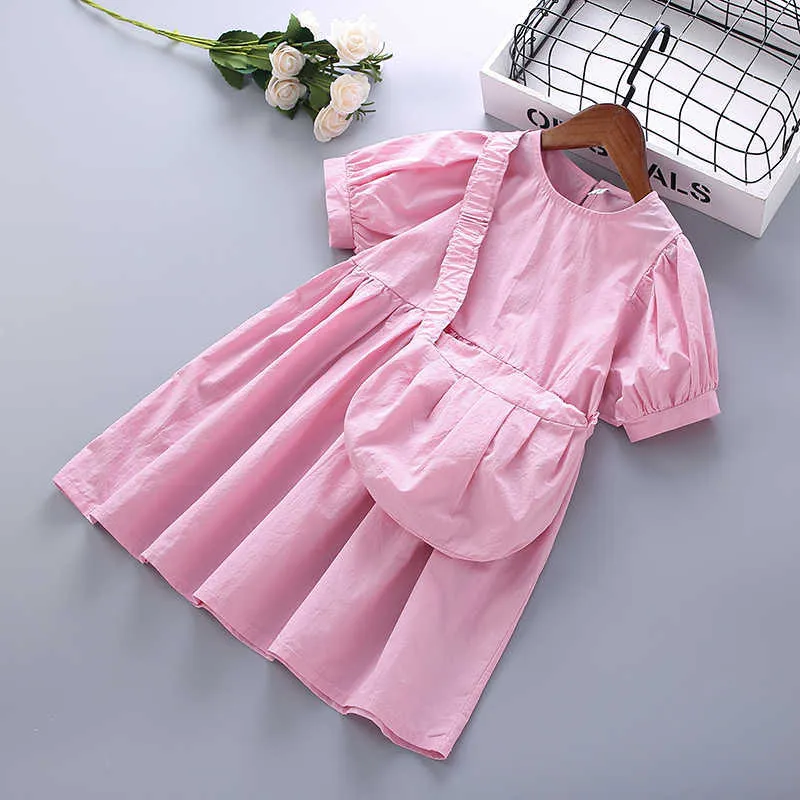 4-10 Years High Quality Summer Girl Clothing Fashion Casual Solid Kid Children Dress with Bags 210615