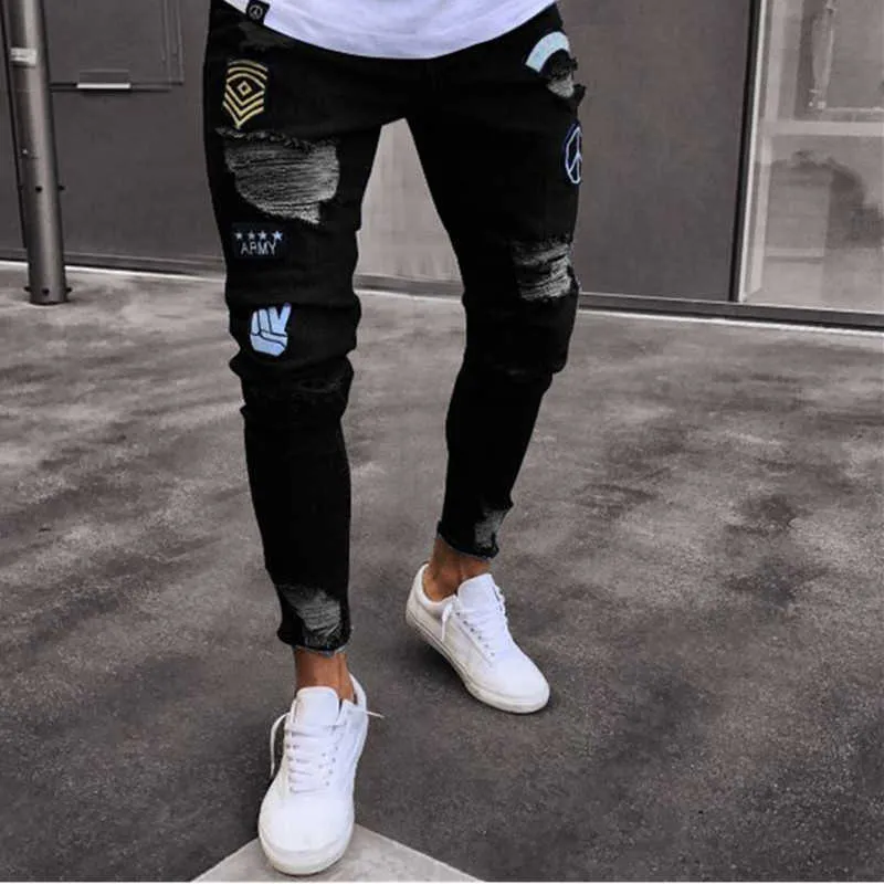 hole embroidered jeans Slim men trousers men's Casual Thin Summer Denim Pants Classic Cowboys Young Man black blue 210622
