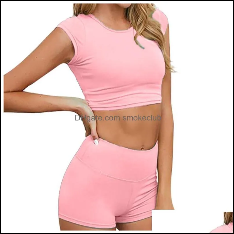 Pure Color Yoga Sets 2 Piece Set Ladies Short Sleeve Crop Top & High Waisted Elastic Shorts 2021 Sports Suit Women Sportwear A20