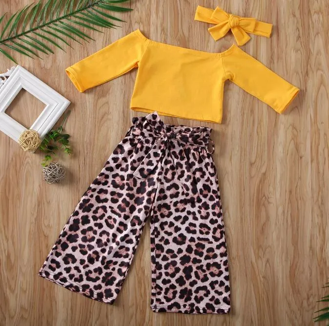 Ensemble de vêtements pour enfants, hauts à manches longues, épaules dénudées + pantalon léopard à jambes larges, printemps et été, pour bébés filles