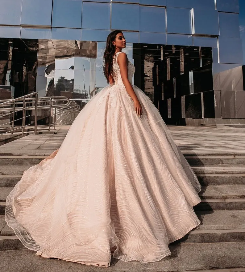 AM622 Long Sleeve Glitter Ball Gown Custom Wedding Dress – AiSO BRiDAL