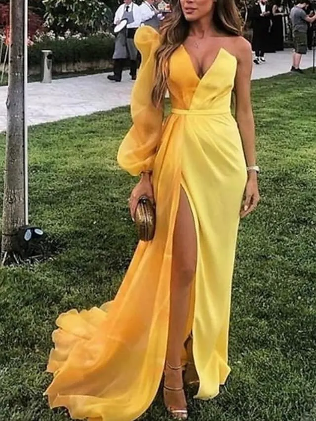 Arabic Style Evening Dresses Unique One Shoulder Long Sleeve Side Split Prom Gowns Vestidos De Festa