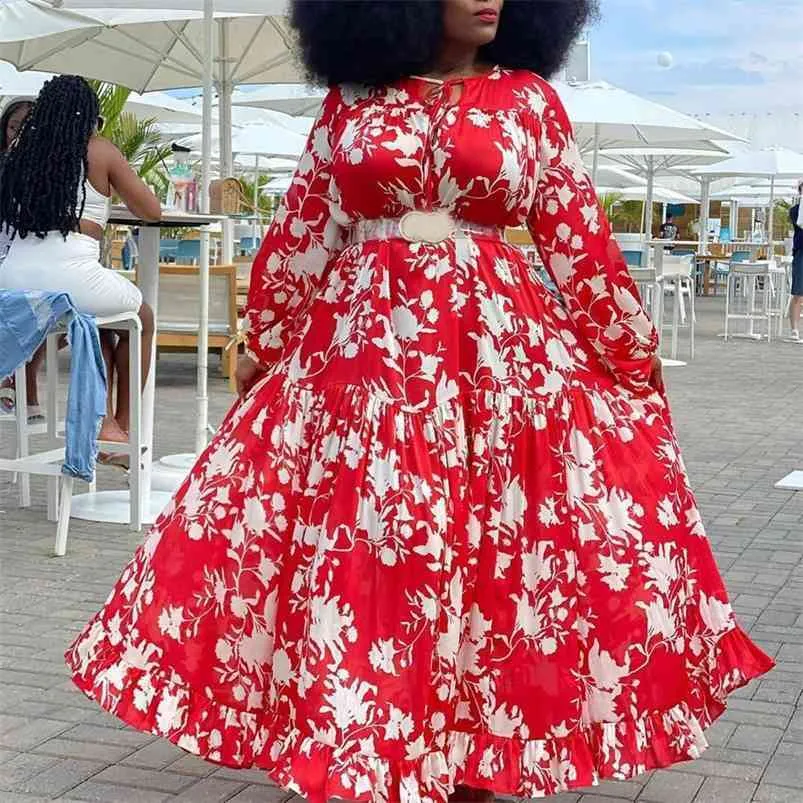 4xl 5xl grande taille africaine Dres rouge imprimé fleuri à manches longues longueur de plancher grande soirée élégante Vestidos Maxi 210623