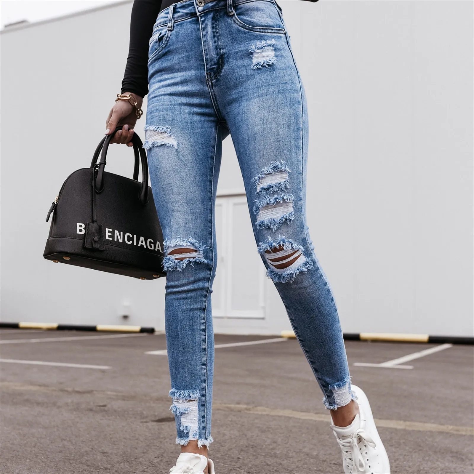 Jeans womens fashion High Waist Pocket Elastic Hole Streetwear Trousers Slim Denim Harajuku Straight Pants pantalon