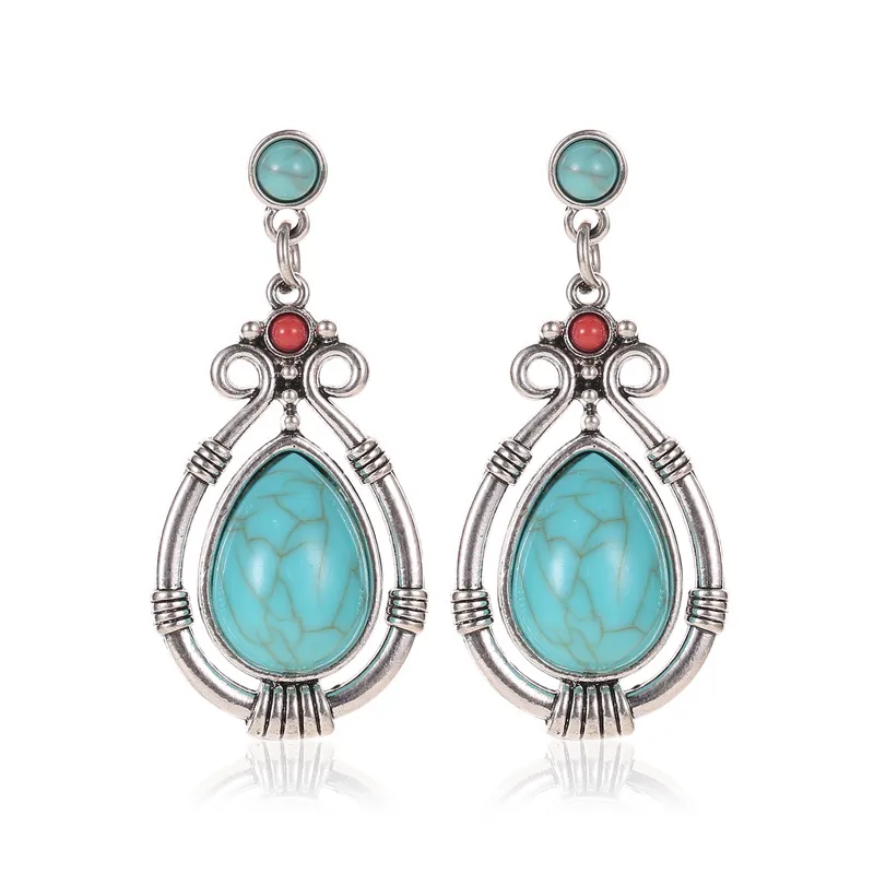 Mode vintage Tibetaanse zilveren natuurlijke turquoise oorbel blauwe steen waterdruppels Dangle oorbellen voor vrouwen