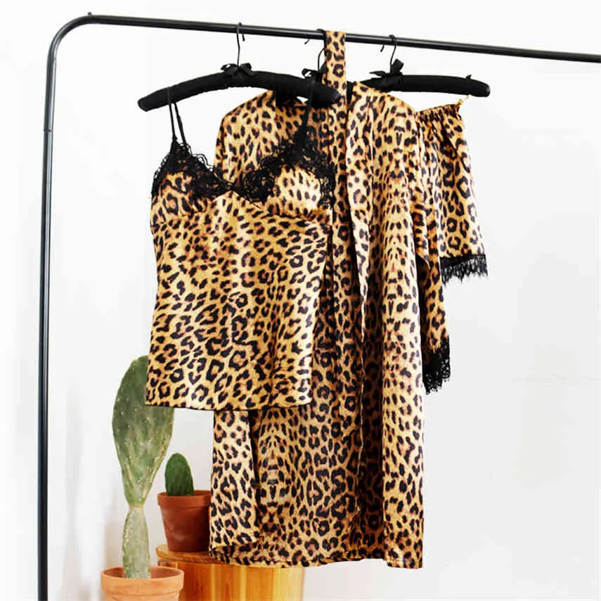 Fashion Leopard Print Pajamas Set for Women Sexy Silk Satin Sleepwear Underwear with Chest Pads Women Sleepwear Temptation Robes X0526