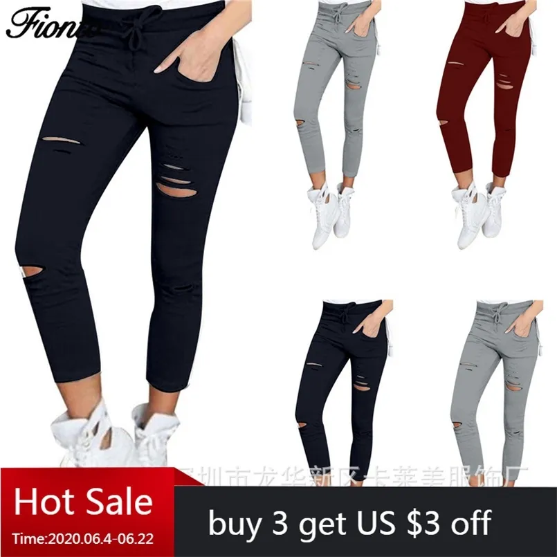 FIONTO Ripped Jeans for Women Joggers Big Size Trousers Stretch Pencil Pants Leggings Harajuku Plus 210809