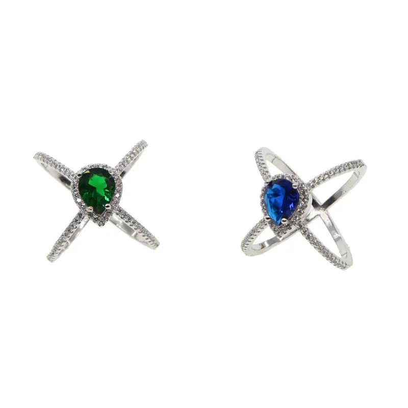 Anneaux de mariage doigt bande bijoux couleur argent avec vert bleu zircon cubique cristal larme pierre pour les femmes 2021 arrivée