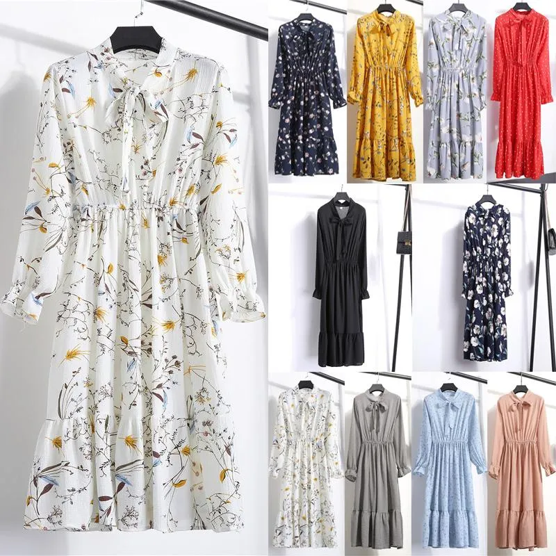 Mujer Boho Otoño Invierno Floral estampado Midi vestido elegante Chiffion Vestidos 2021 moda manga larga Mujer Vestidos A-line Casual