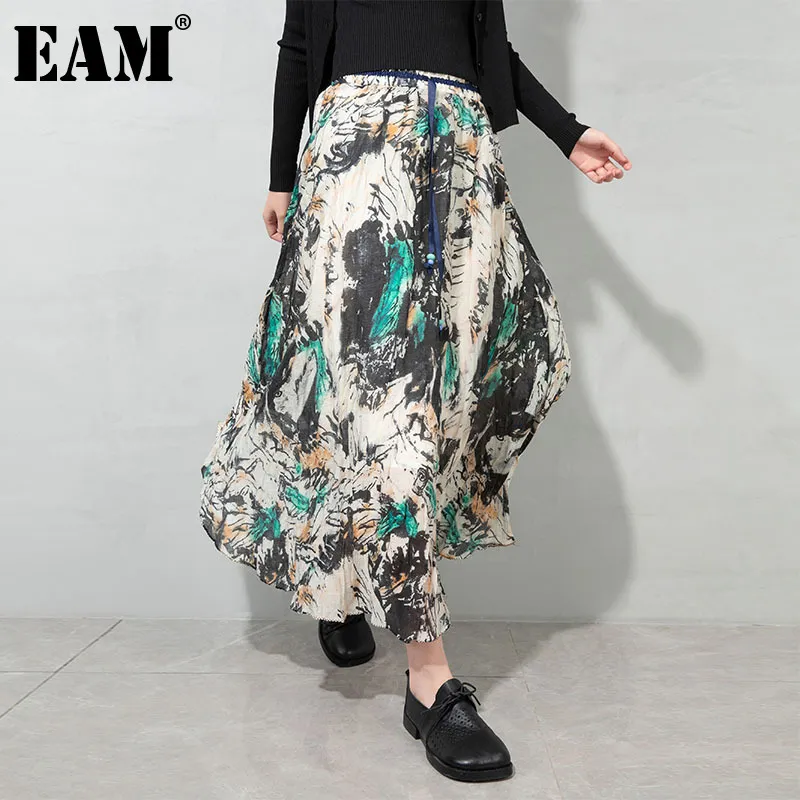 [EAM] Wysokiej elastycznej talii wzór drukowane długie wakacje pół-ciało spódnica kobiet moda wiosna lato 1dd833709 210512