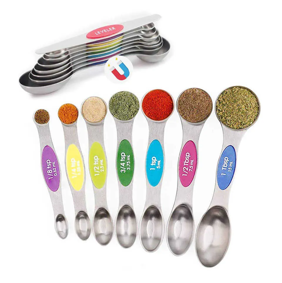 5 / 6 Pcs Magnetic Measuring Spoons Stainless Steel Dual Sided Teaspoon for Sugar Salt Flour Oil Soy Sauce 210615