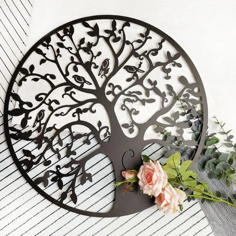 Dekorativa föremål Figurer 3d Round Tree of Life Wall Hanging Decorations Diameter 60cm Iron Art Home Ornament Decoration