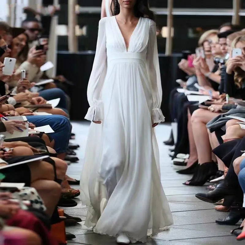 Vestidos De Mariee Chiffon Wedding Dress A-Line Long Puffy Sleeve For V-Neck Gorgeous Sweep Train Bridal Gowns Beach