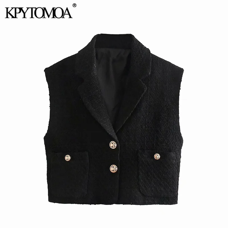 Damesmode met metalen knopen Tweed bijgesneden vest vintage mouwloze elastische zoom Vrouwelijke vest jas chique tops 210416