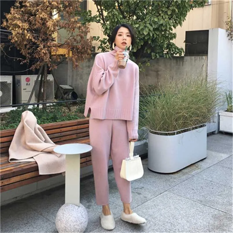 2 Pieces Set Women Winter Autumn Knitted Tracksuit Turtleneck Sweater Knit Pants Women Loose Clothing Suits Female Pants Suit 211116