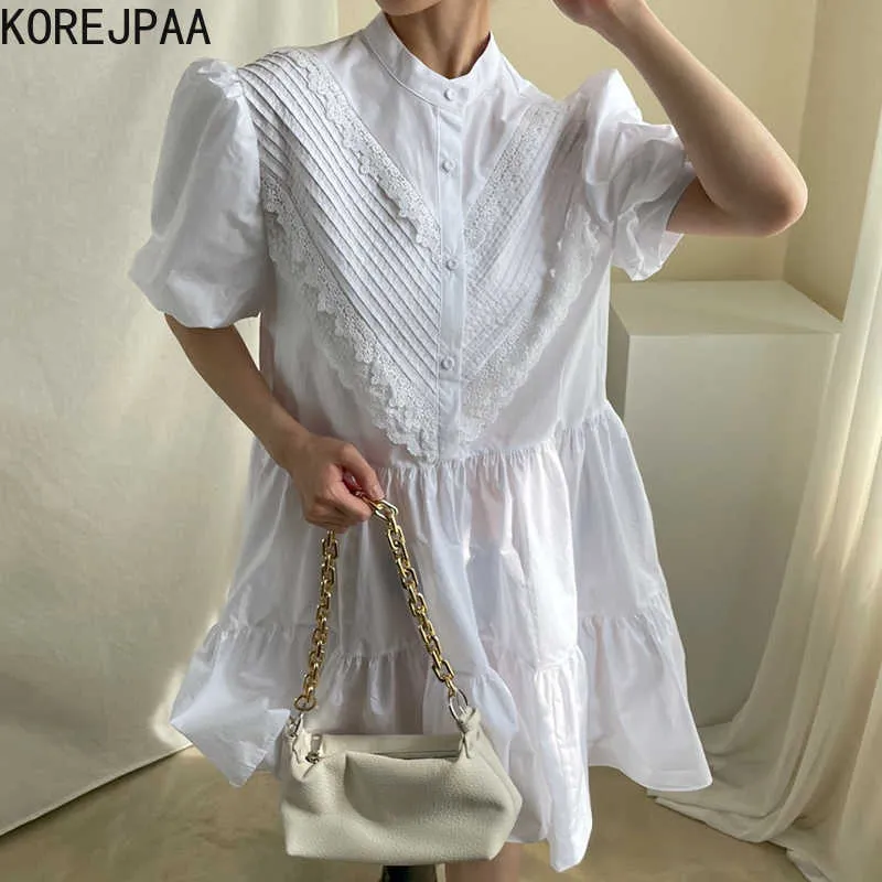 Korejpaa Kadınlar Elbise Yaz Kore Chic Niş Yaş Azaltma Stand-up Yaka Pileli Dantel Dikiş Gevşek Puf Kol Vestido 210526