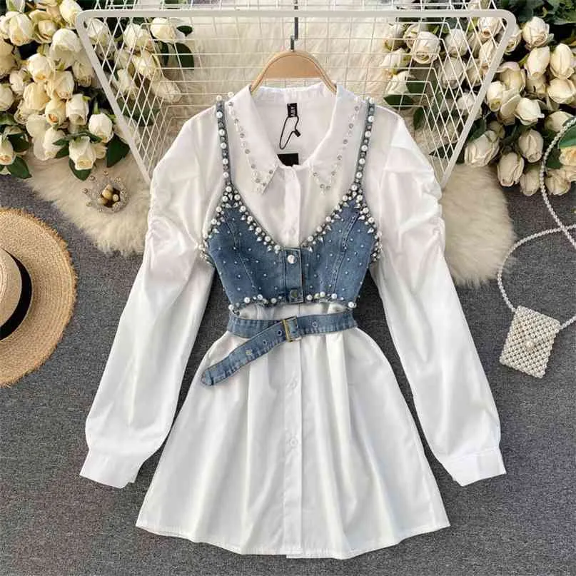 Женская мода отворота из бисера с длинным рукавом белая рубашка + шикарный жилет без рукавов две части R525 210527