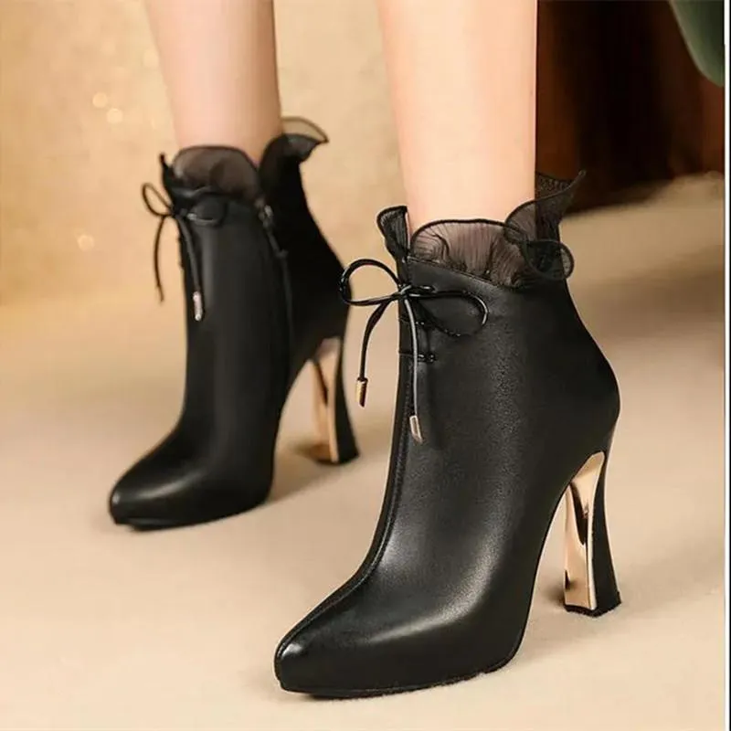 High Fashion Boots Lady Sweet Quality Black Pu Leather Autumn Side Zipper with Bow Tie Women Casual Botas Femininas F9213 5