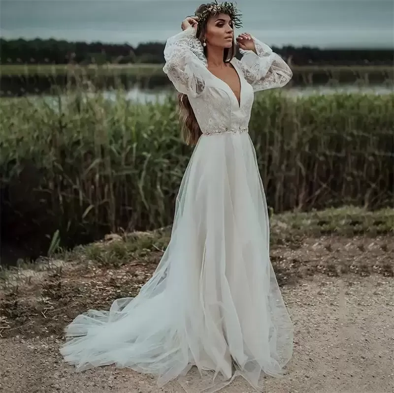 Boho Wedding Dress Bridal Gown V-Neck Long Poet Sleeves Lace Applique Beaded  Crystals A-Line Sweep Train Side Slit from Dhgate A-Line Wedding Dresses -  price 214.89