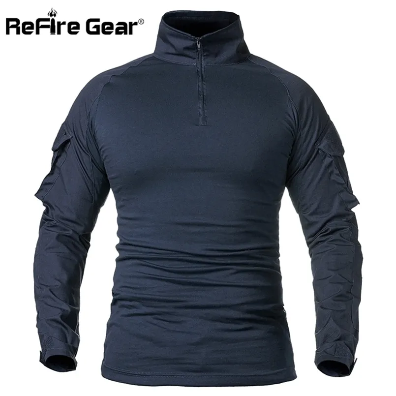 ReFire Gear Army Combat T shirt Men Long Sleeve actical -Shirt Solid Cotton Military Shirt Man Navy Blue Hunt Airsoft Shirts 210714