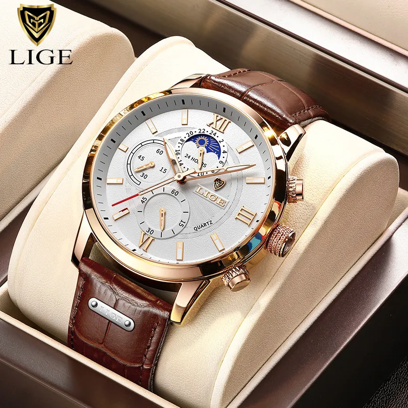 2021 Lige Watches Mens Top Brand Luxury Clock Casual Leathe 24 Hour Moon Phase Men Titta på sportvattentät kvartskronograf Box UH322F