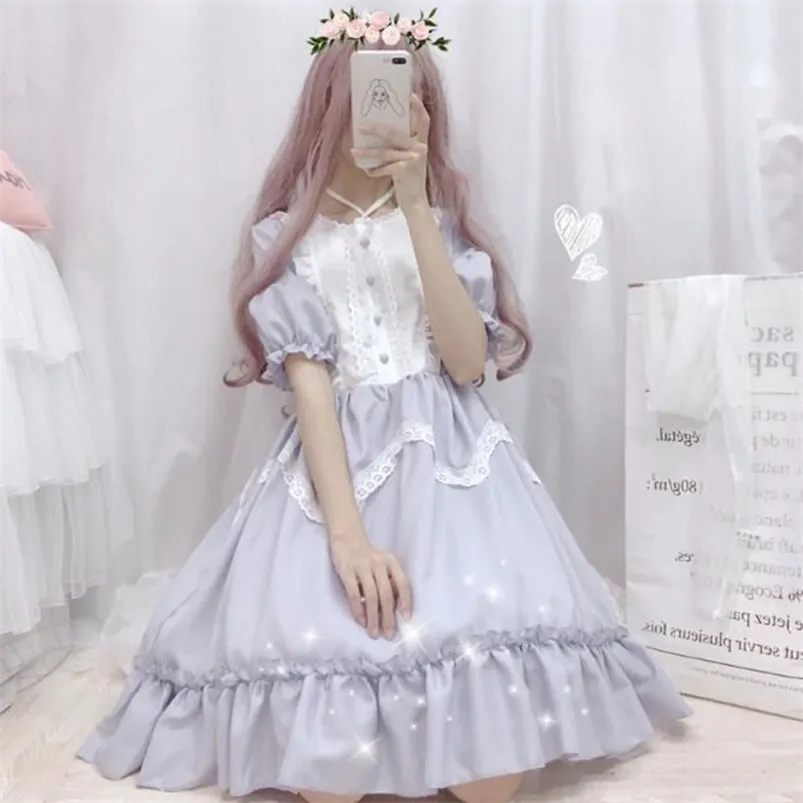 HSTAR Söt Kvinnors Lolita Op Dress Flouncing Lace Trim Japanska Harajuku Långärmade Doll Fairy Vestidos 210623