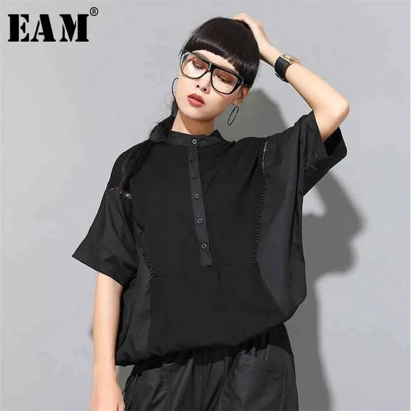 [EAM] T-shirt da donna nera con lettera scava fuori taglia grande colletto alla coreana mezza manica moda primavera estate 1W0 210722