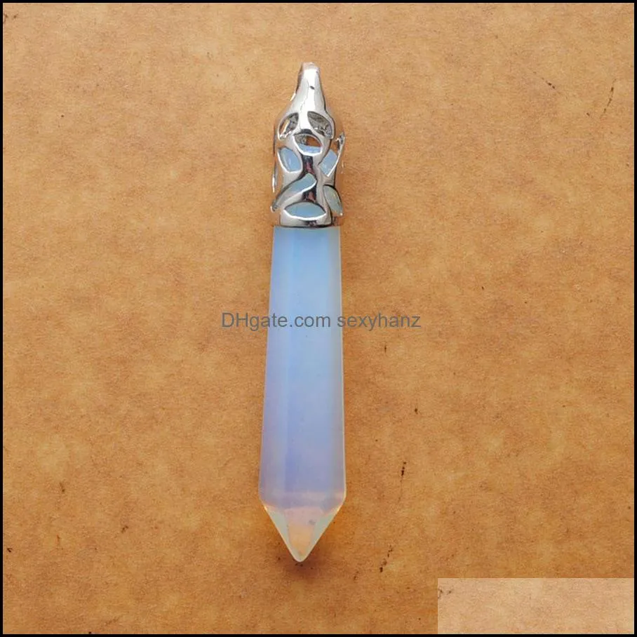 WOJIAER 10Pcs Hexagonal Prisms Pointed Pendant Reiki Chakra Natural Stone White Opal Women Men Jewelry Spain Girl Gift DN3006