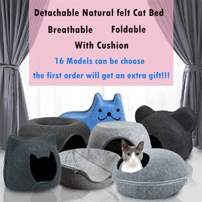 Lit de chat de feutre naturel détachable Maison de grotte d'animaux de compagnie respirante avec coussin de fermeture à glissière 18 modèles Forme de requin pliable 211111