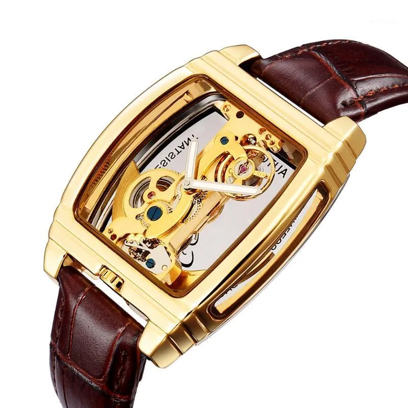ミニマリズムデザインブラックレザーストラップ透明ゴールドケース男性ウォッチトップスチームパンク自動腕時計腕時計
