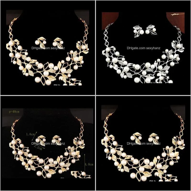 silver gold color crystal bridal jewelry sets leaf shape choker necklace earrings wedding jewelry for women engagement pearl