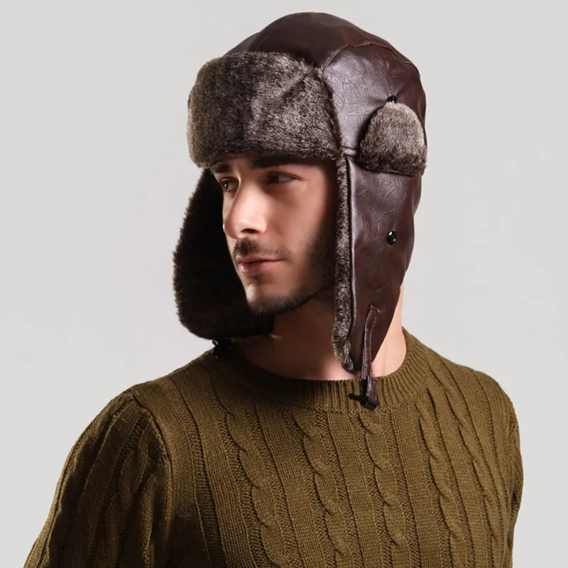 Bomber Hat con paraorecchie Mens Winter Faux Leather Fur Russian Earflap Trapper Cap Aviator Fleece Beanie Male