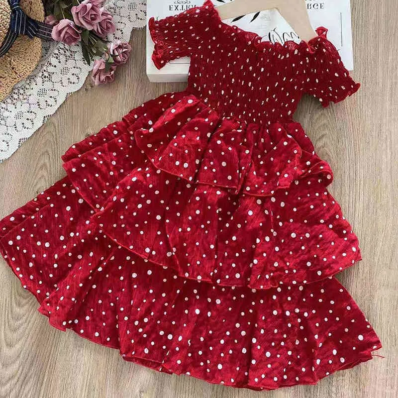 Meninas vestido moda bolo vermelho bebê princesa festa roupas roupas elegante de alta qualidade natal 210508