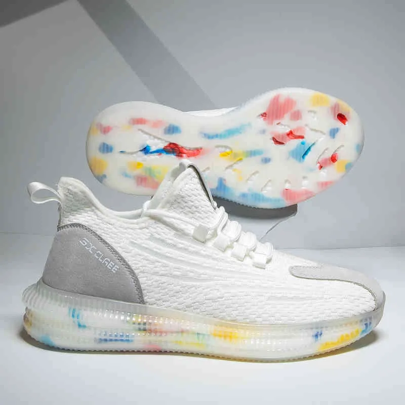 Nouvelle Arrivée Mesh Respirant Running Sneakers Popcorn Rainbow Sole Confortable Hommes Chaussures Anti-Glissante Flexible Casual ZapatillasF6 Noir blanc