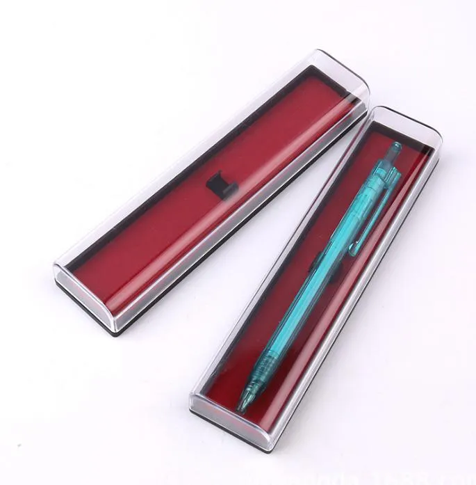 Étuis à crayons transparents avec fond de couleur rouge, boîtes d'emballage en plastique pour stylos, boîtes cadeaux en gros, 2021