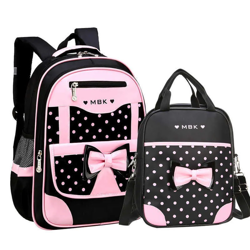 2 unids/set PrincBackpacks mochilas escolares para niños Bowknot Dots Mochilas para niñas Mochila impermeable para escuela primaria Mochila X0529