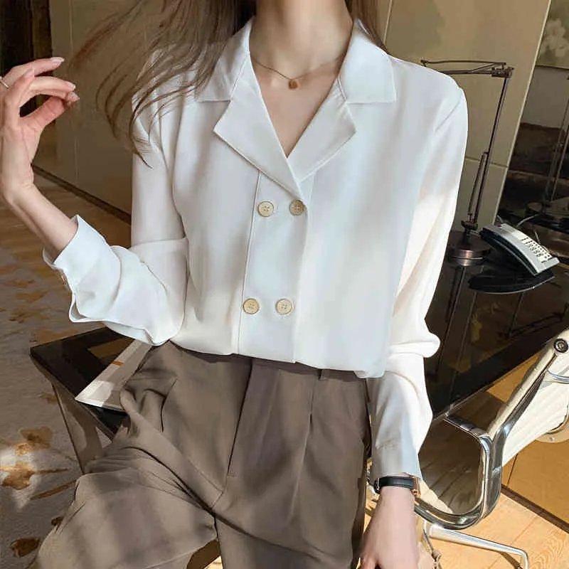 Col en V en mousseline de soie blouse femme chemise blanche femme blouses femme printemps à manches longues harajuku chemise ample Vintage hauts 33E 210420