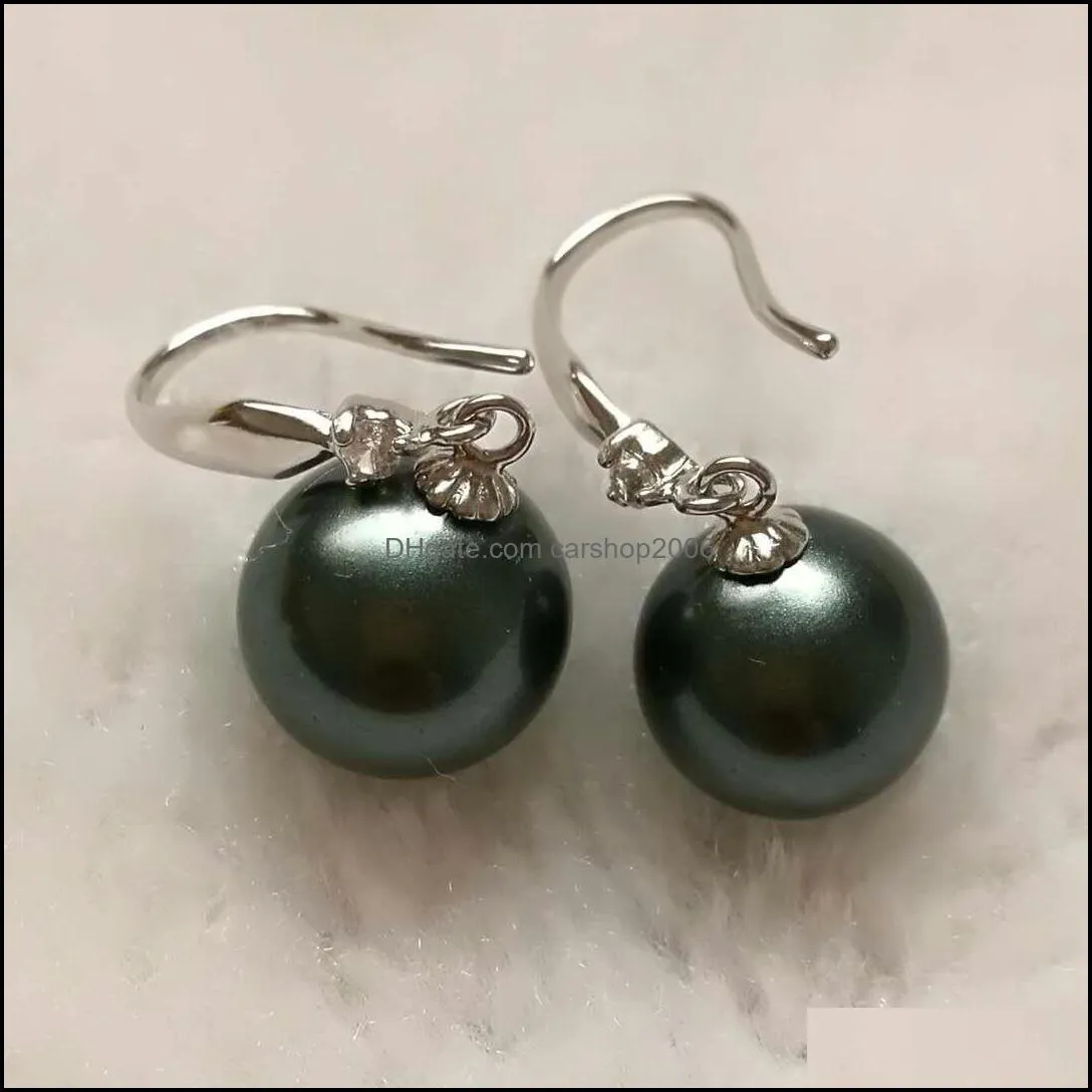 wholesale 10MM Tahitian black Long section shell pearl earrings 925 Silver 25596