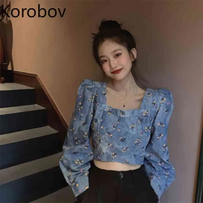 Korobov Coréen Fleur Imprimer Femmes Puff Manches Femmes Blouses Nouveau Chic Col Carré Blusas Mujer Automne Streetwear Crop Top 210430