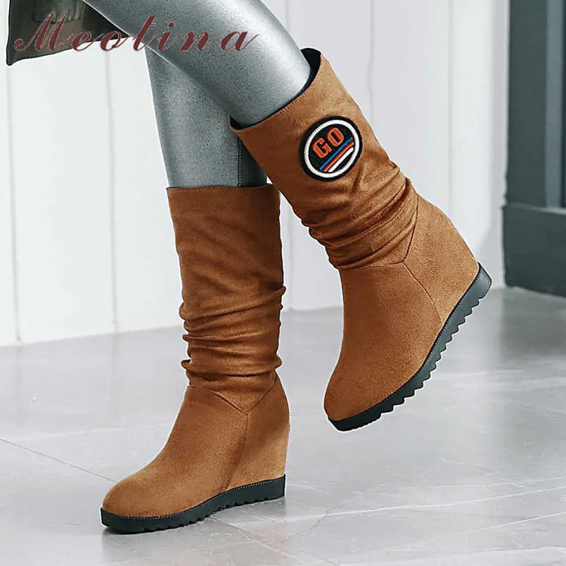 Meotina Winter Mid Calf Boots Women Boots Pleated Height Increasing High Heel Boots Round Toe Shoes Lady Autumn Plus Size 33-43 210608