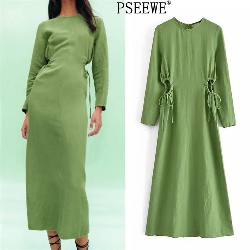 Sukienka Kobieta Green Cut Out Długie Kobiety Eleganckie Midi Rękaw ES Ladies Regulowany Wiązany Dorywczo ES 210519