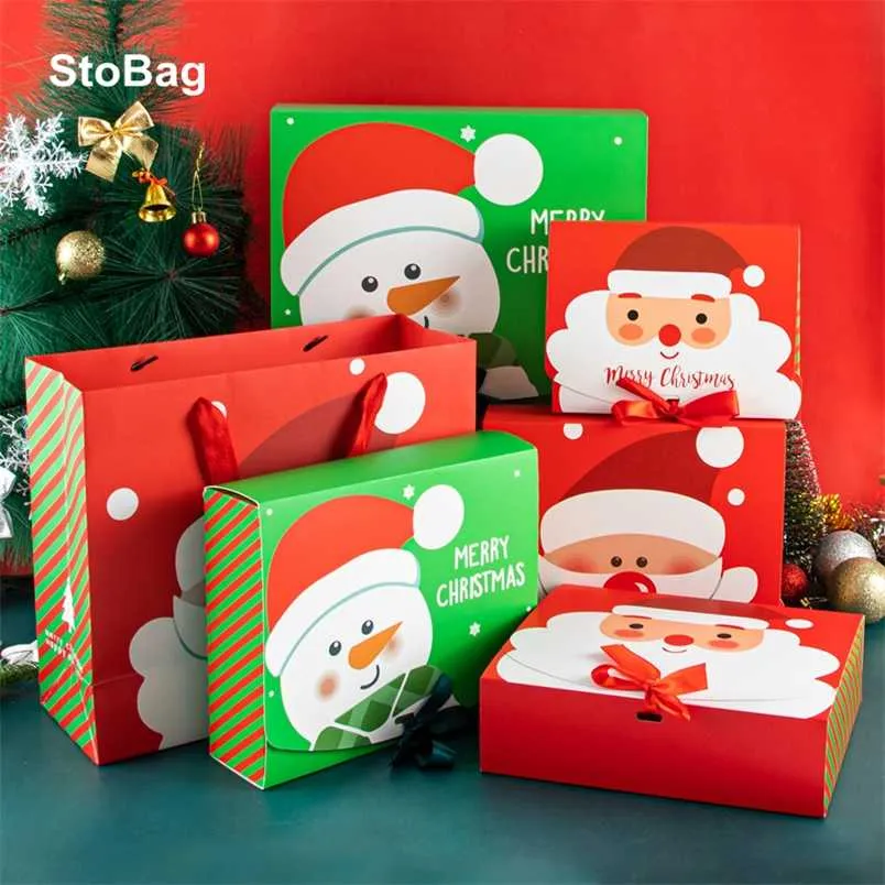 Stobag 5PCS / 10ピースサンタクロースクリスマスギフトボックス年パーティーキャンディーチョコレートクッキー包装バッググリーン/レッドキッズDIYフォーブ211216