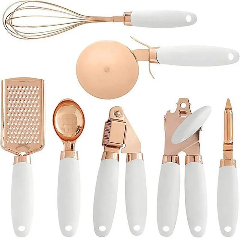 2021 Narzędzia kuchenne 7-częściowe jajka puszek Opener Pizza Cutter Peeler Ice Cream Spoon Slicer Garlic Press Set Hurt