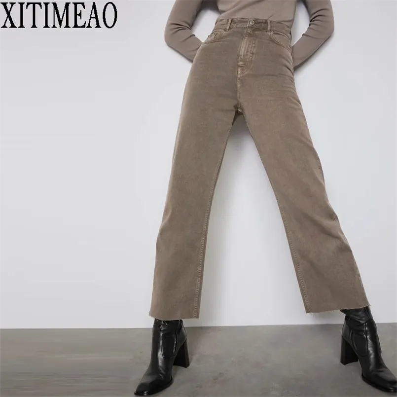 ZA Taille haute lâche des jeans confortables pour les femmes décontractées et décontractées pantalons de base armée de base vert 210809