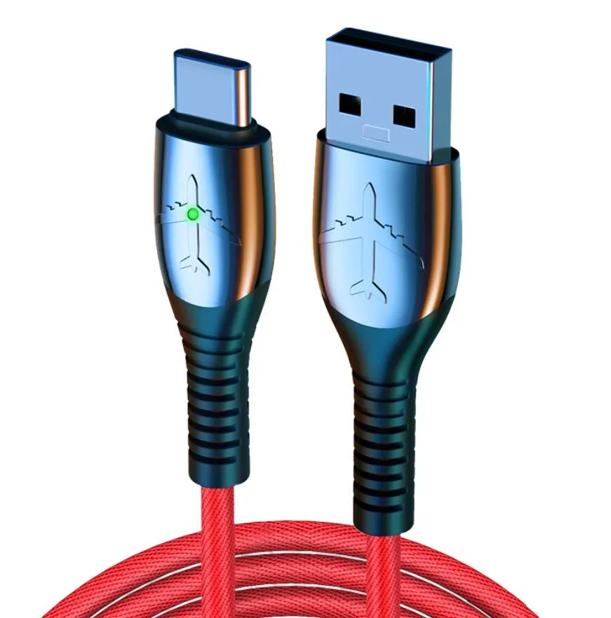 휴대 전화 충전기 케이블 유형 -C 코드 5A 고속 충전 마이크로 USB 아연 합금 금속 데이터 케이블 꼰 와이어 LED 호흡 램프