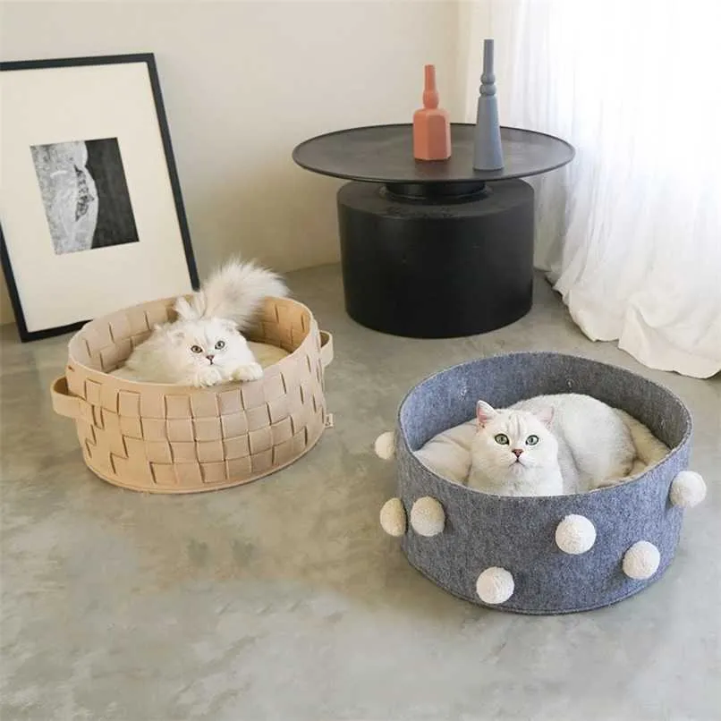 Home Cotton with velvet Universal Round Cat Bed Basket Nest Cotton Rope Woven Warm Pet Sleeping Bed House Scratching Mat Pad 2101006