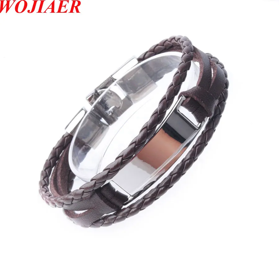 WOJIAER Bracelet dichroïque fait main noir pour hommes et breloque en acier inoxydable bracelets en cuir véritable tressé bijoux BC008