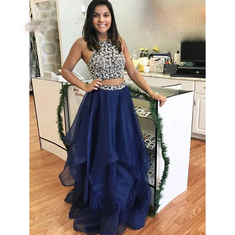 Luxe Lange Avondjurken Party A Line Two 2 Piece Women Plus Size Navy Blue Organza Prom Formal Gowns