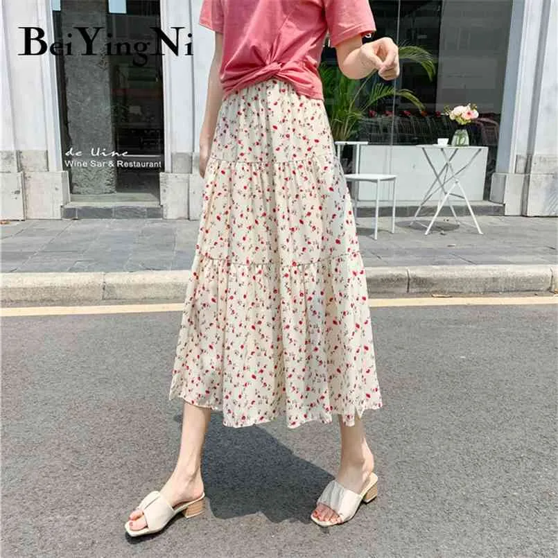 Vintage Harajuku Plised Midi Spódnica Kobiety Floral Print Moda High Street Casual Długie Czarne Spódnice Retro Faldas Jupe 210506